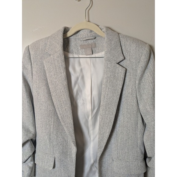 H&M Women's Size XS Tweed Herringbone Blazer Jacket Light Gray Ruched Sleeve - Picture 3 of 9